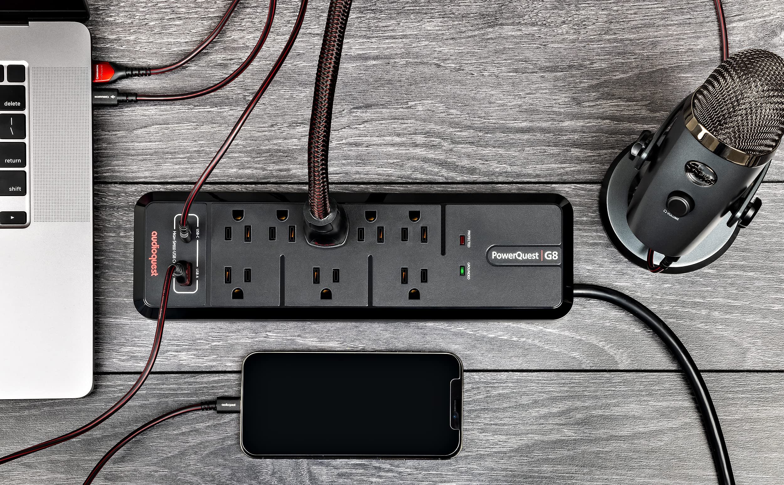 AudioQuest PowerQuest G8 – 8-Outlet Surge Protector with USB-A and USB-C Charging Ports - Perfect for TV, AV Receiver, Xbox, Playstation, Soundbar, Computer, and Home Office