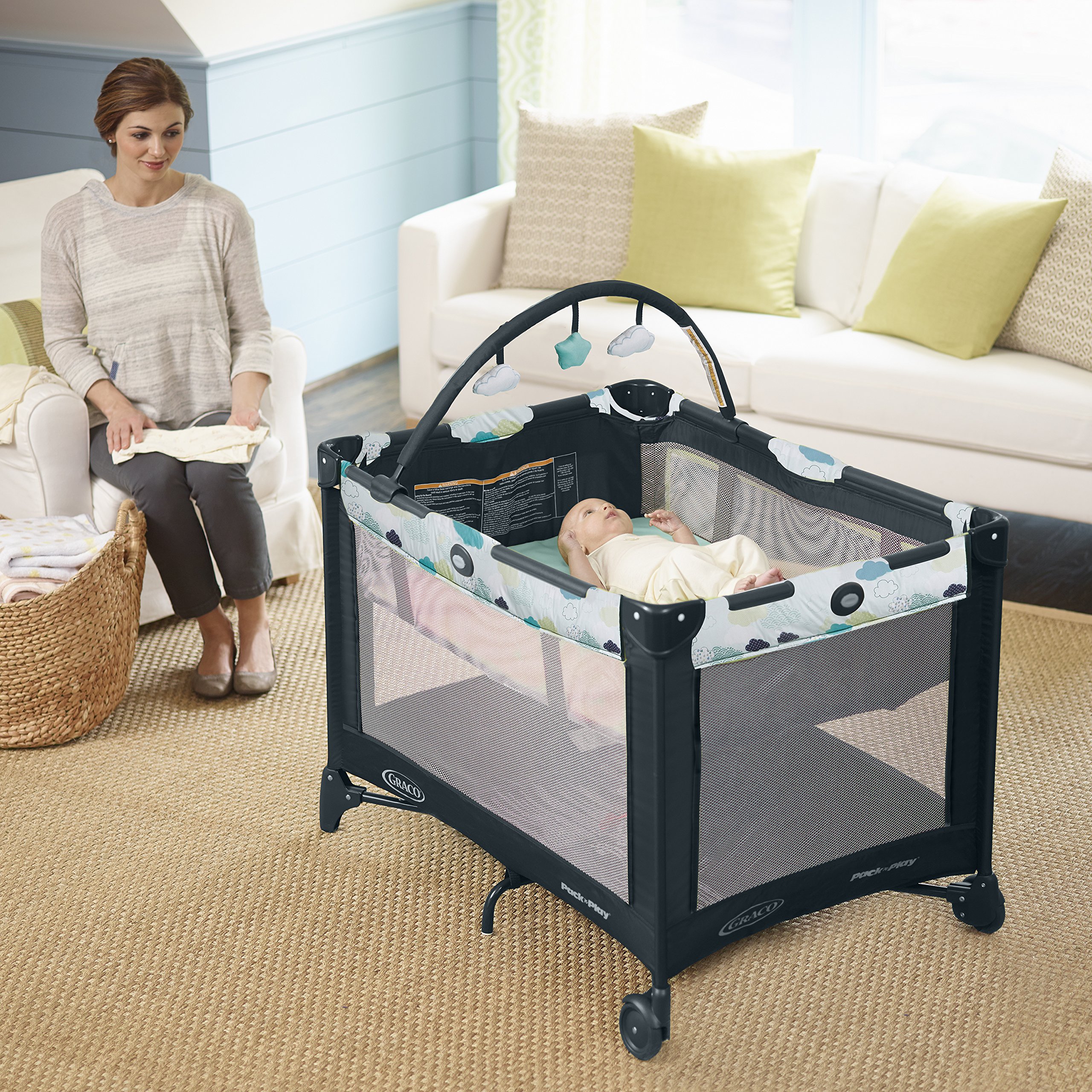 Graco Pack and Play On the Go Playard | Includes Full-Size Infant Bassinet, Push Button Compact Fold, Stratus , 39.5x28.25x29 Inch (Pack of 1)