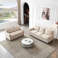 Living Room 2+3 Sectional Sofa Set, Linen Fabric Upholstery Storage Couch with Round arm and Wood Leg,Beige