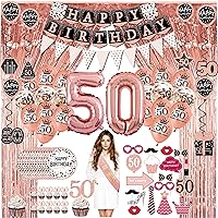 50th birthday decorations for women - (76pack) rose gold party Banner, Pennant, Hanging Swirl, birthday Balloons, Foil Backdrops, cupcake Topper, plates, Photo Props, Birthday Sash for gifts women