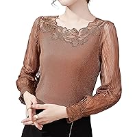 Women's Mesh Tops Lantern Sleeve Lace Embroidery Floral Hollow Out Stretchy Chiffon Blouses Elegant Work Shirts