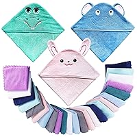 3 Pack Baby Hooded Bath Towel with 24 Count Washcloth Sets for Newborns Infants & Toddlers, Boys & Girls - Baby Registry Search Essentials Item - Crocodile, Rabbit, Elephant