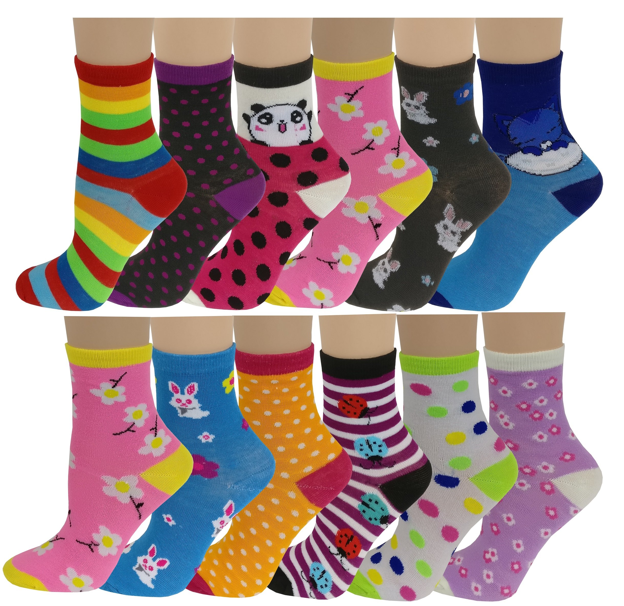 Different Touch 12 Pairs Pack Kids Girls Colorful Creative Fun Novelty Design Crew Socks