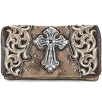 Justin West Tooled Leather Laser Cut Rhinestone Cross Studded Shoulder Concealed Carry Tote Style Handbag Purse