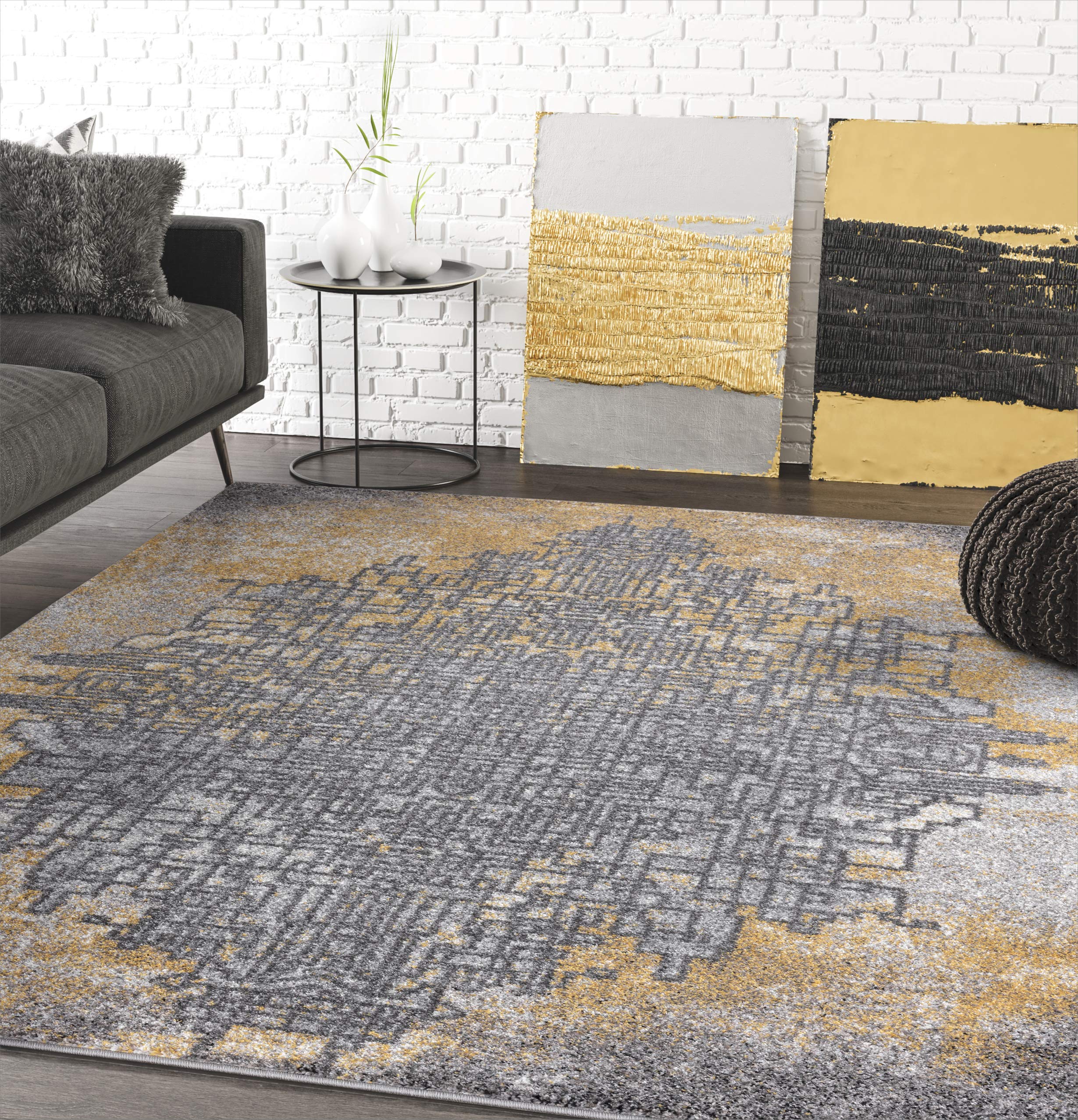 Grey & Yellow Abstract Art Area Rug, Contemporary Style - Abani Rugs Laguna Collection Modern 3' x 5' Rectangle Accent Rug