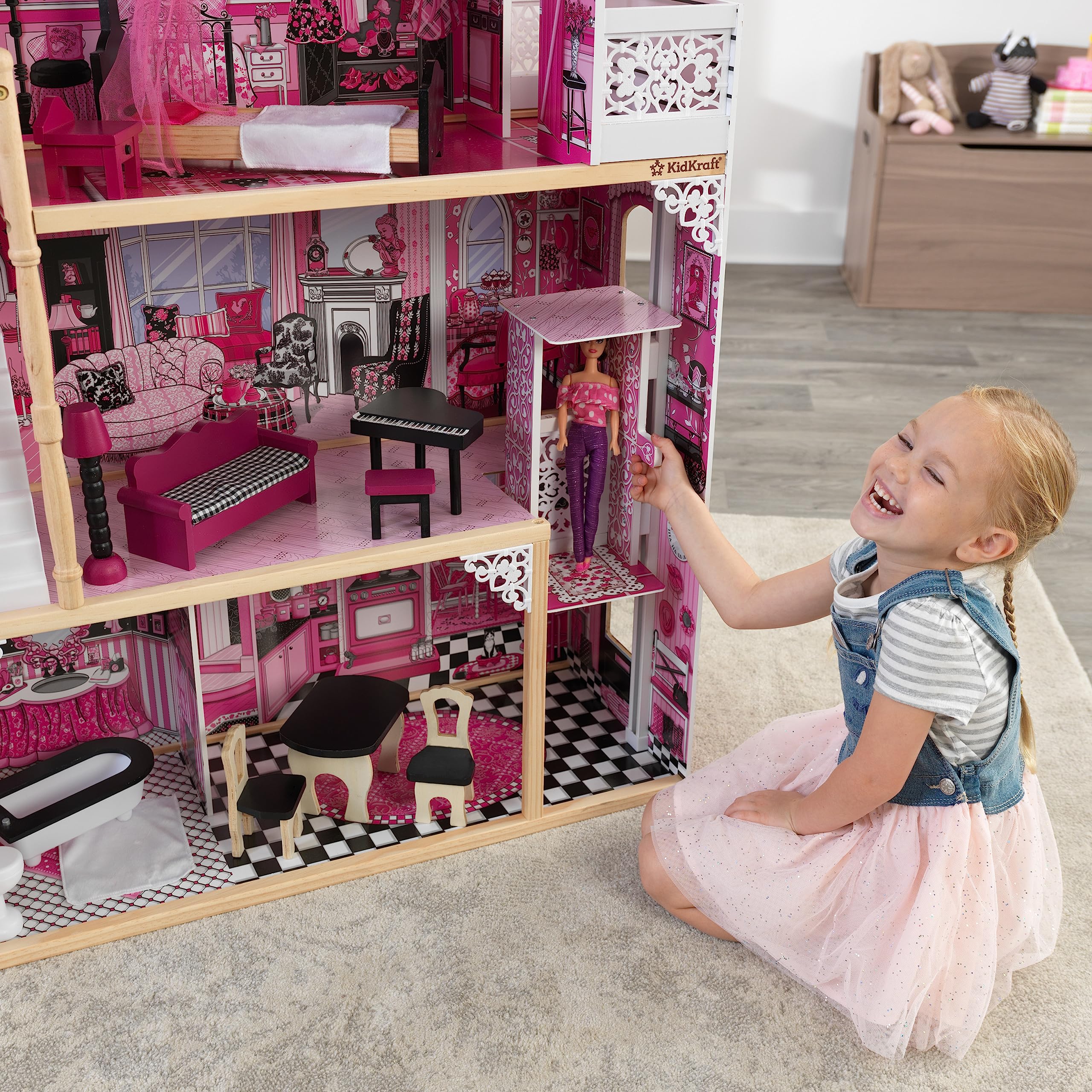 KidKraft Amelia Wooden Dollhouse with Elevator, Balcony and 15-Piece Accessories, Pink, Gift for Ages 3+