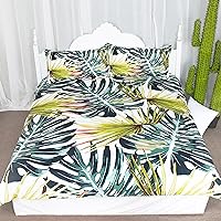 Monstera Leaf Bedding 3 Piece Green and Yellow Tropical Leaves Duvet Cover Super Soft Botanical Plant Bed Set (Queen)