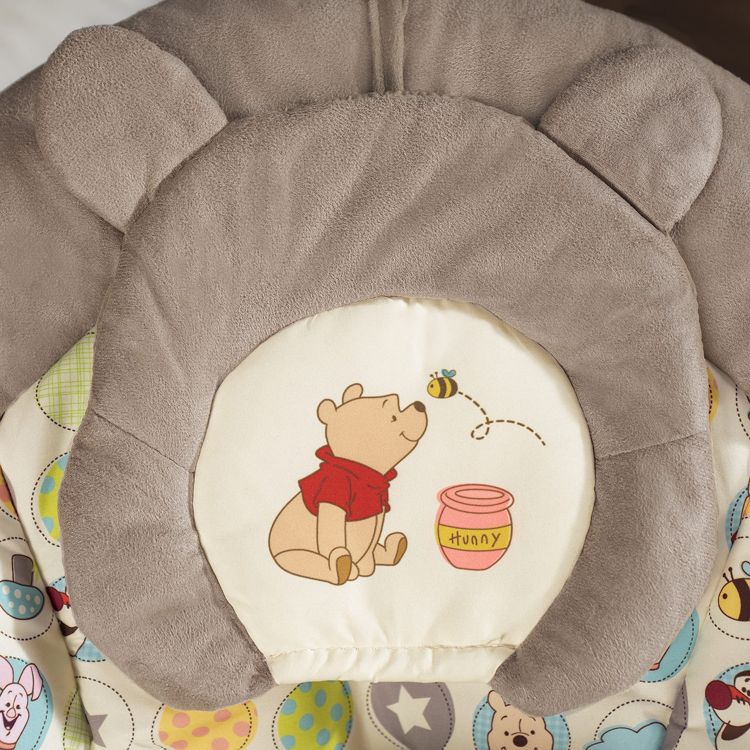 Bright Starts Disney Baby Winnie the Pooh Baby Bouncer Soothing Vibrations Deluxe Infant Seat - Faux Suede, Music, Removable-Toy Bar, 0-6 Months 6-20 lbs (Dots & Hunny Pots)