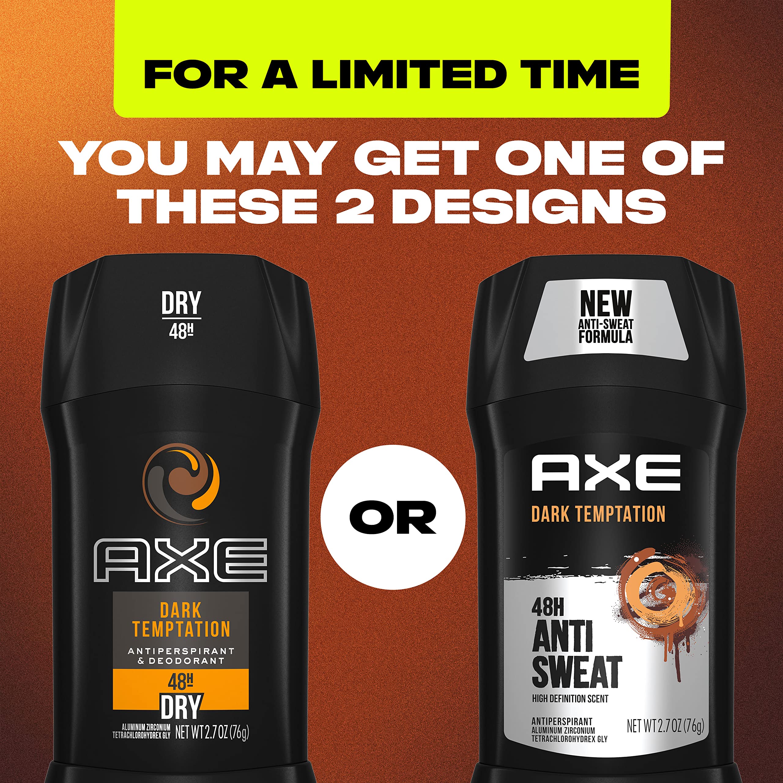 AXE Dual Action Antiperspirant Stick for Long Lasting Freshness Dark Temptation All Day Fresh Scent 48 Hour Anti Sweat Mens Deodorant , 2.7 Ounce (Pack of 4)
