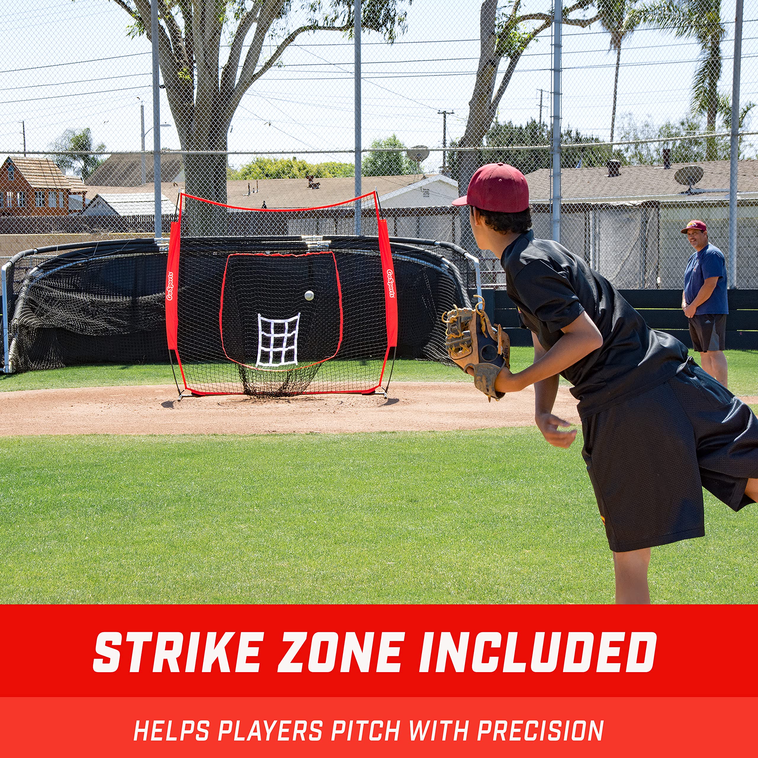 GoSports 7 ft x 7 ft Baseball & Softball Practice Hitting & Pitching Net with Bow Type Frame, Carry Bag and Strike Zone, Great for All Skill Levels