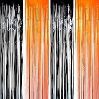 Black Orange Party Tinsel Foil Fringe Curtains - Halloween Construction 1st Birthday Baby Shower Graduation Wedding Party Streamers Photo Booth Props Backdrops Decorations