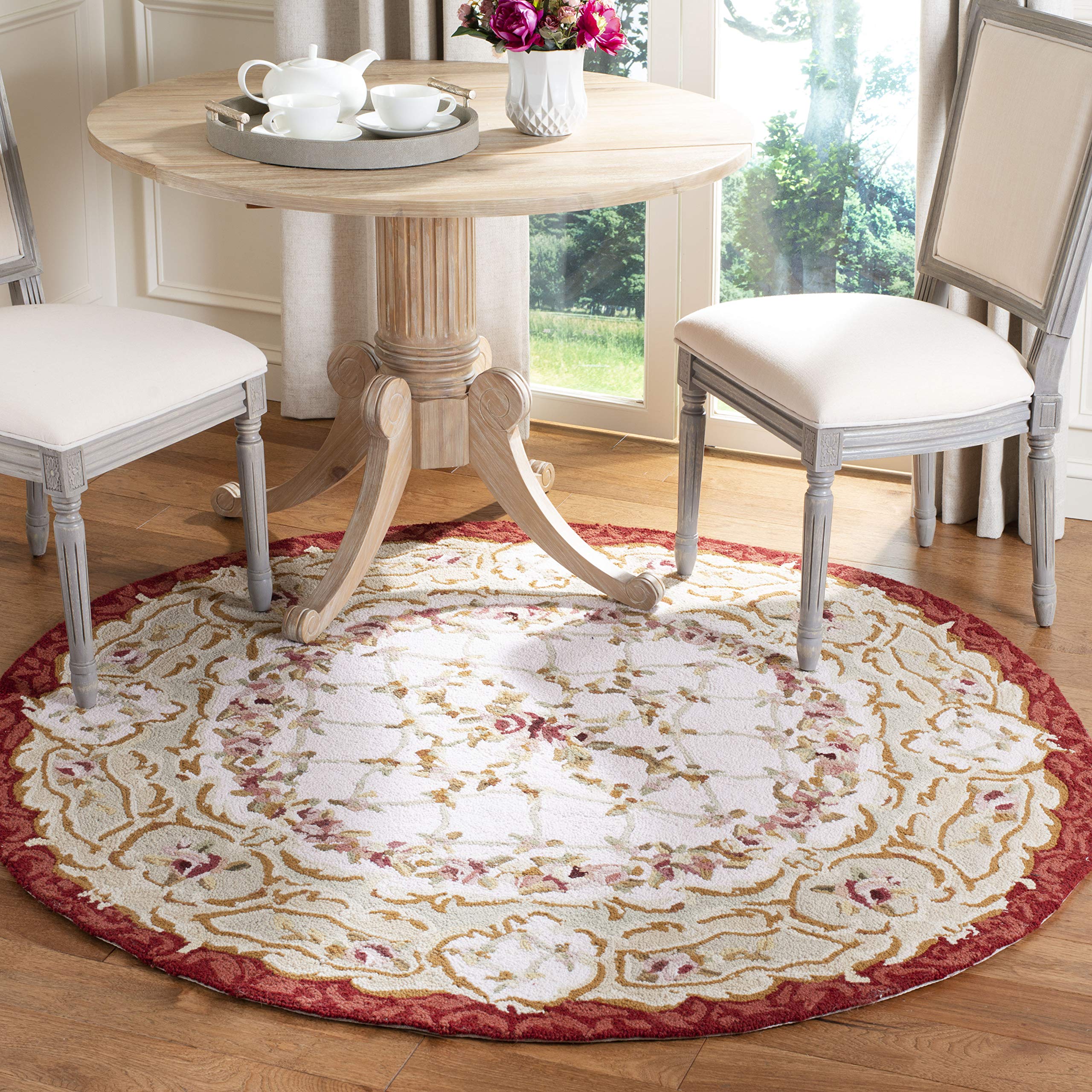 Safavieh Chelsea Collection HK73A Hand-Hooked French Country Wool Area Rug, 4' x 4' Round, Ivory / Burgundy