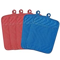 GROBRO7 5Pcs Pot Holders for Kitchen Heat Resistant Cotton Potholder Machine Washable Oven Mitts with Hanging Loop Pocket Potholders Multipurpose Hot Pads for Daily Baking Cooking 7 x 9 in Red Blue