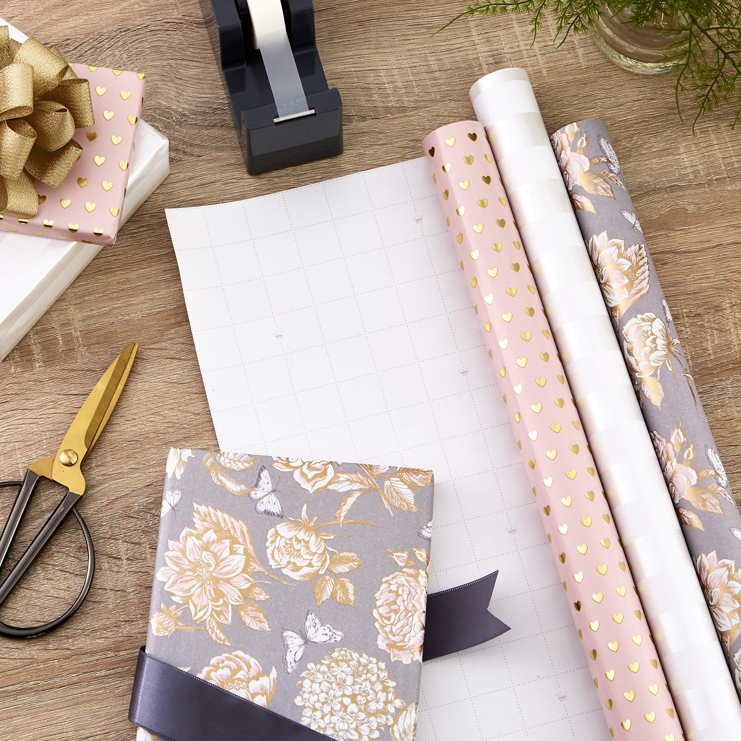Hallmark Premium Wrapping Paper with Cut Lines on Reverse - Gold Hearts, Rose Flowers, White Stripes (3-Pack: 85 sq. ft. ttl) for Birthdays, Weddings, Mother's Day, Valentine's Day, Bridal Showers