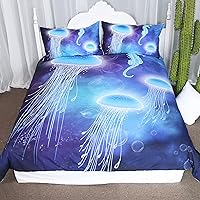 3D Ocean Bedding Blue Jellyfish Duvet Cover Underwater Bedspread Deep Sea Bedding for Adult Kids (Queen)