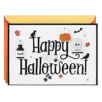 Hallmark Black and White Happy Halloween Card (Spell of Fun) Skull, Pumpkins, Bats, Spider Webs, Leaves
