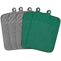 GROBRO7 5Pcs Pot Holders for Kitchen Heat Resistant Cotton Potholder Multipurpose Hot Pad Machine Washable Oven Mitts with Hanging Loop Pocket Potholders for Daily Baking Cooking 7 x 9 in Gray Green