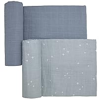 Muslin Swaddle Baby Blankets for Boy or Girl, Soft and Breathable Oeko-Tex Cotton Muslin Baby Blanket, Newborn Swaddling Wrap, Receiving Blanket, 47 in x 47 in, Blue Gray Stars