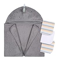 Baby 4 Piece Animal Character Hooded Towel and Washcloth Set, Charcoal Dino, One Size