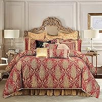 Loom and Mill 13-Piece Comforter Bed in a Bag, Classic Damask Jacquard Comforter Sets King, Luxury Bedding Set with Bed Skirt, Euro Shams and Decorative Pillows, All Season(Florence, King) Red