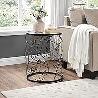 Bronze Bird and Branches End Table, Bedroom Nightstand and Living Room Side Table, Round, Metal and Glass, Cottage, 22 x 16.5 Inches