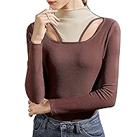 Contrasting Color Tops for Women, Fashion Mock Neck Long Sleeve Hollow Out Patchwork Stretchy Shirts Elegant Work Blouses