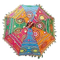 Bohemian Handmade Design, Cotton Multi Color Embroidery Sun Umbrella Parasol 24 Inches (PINK, FOREST GREEN, CYAN, ORANGE)