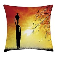 Ambesonne African Throw Pillow Cushion Cover, Silhouette of a Local Lady with Pot on The Head at Sunset Savannah Illustration, Decorative Square Accent Pillow Case, 20