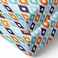 Bacati - 2 Pack Liam Aztec Kilim Printed Neutral 100% Cotton Universal Baby US Standard Crib or Toddler Bed Fitted Sheets (Aqua Orange Navy)