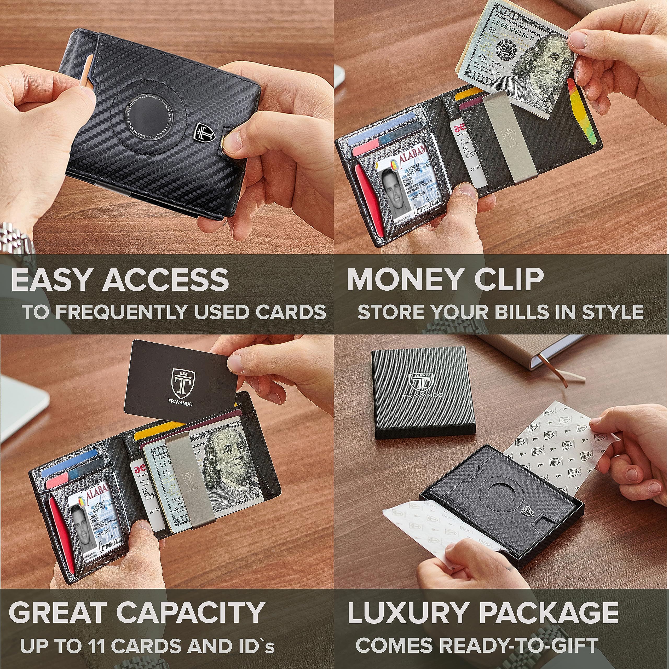 TRAVANDO AirTag* Wallet Mens Wallet with Money Clip Air Tag Wallet Card Holder RFID Blocking Bifold Gifts for Men