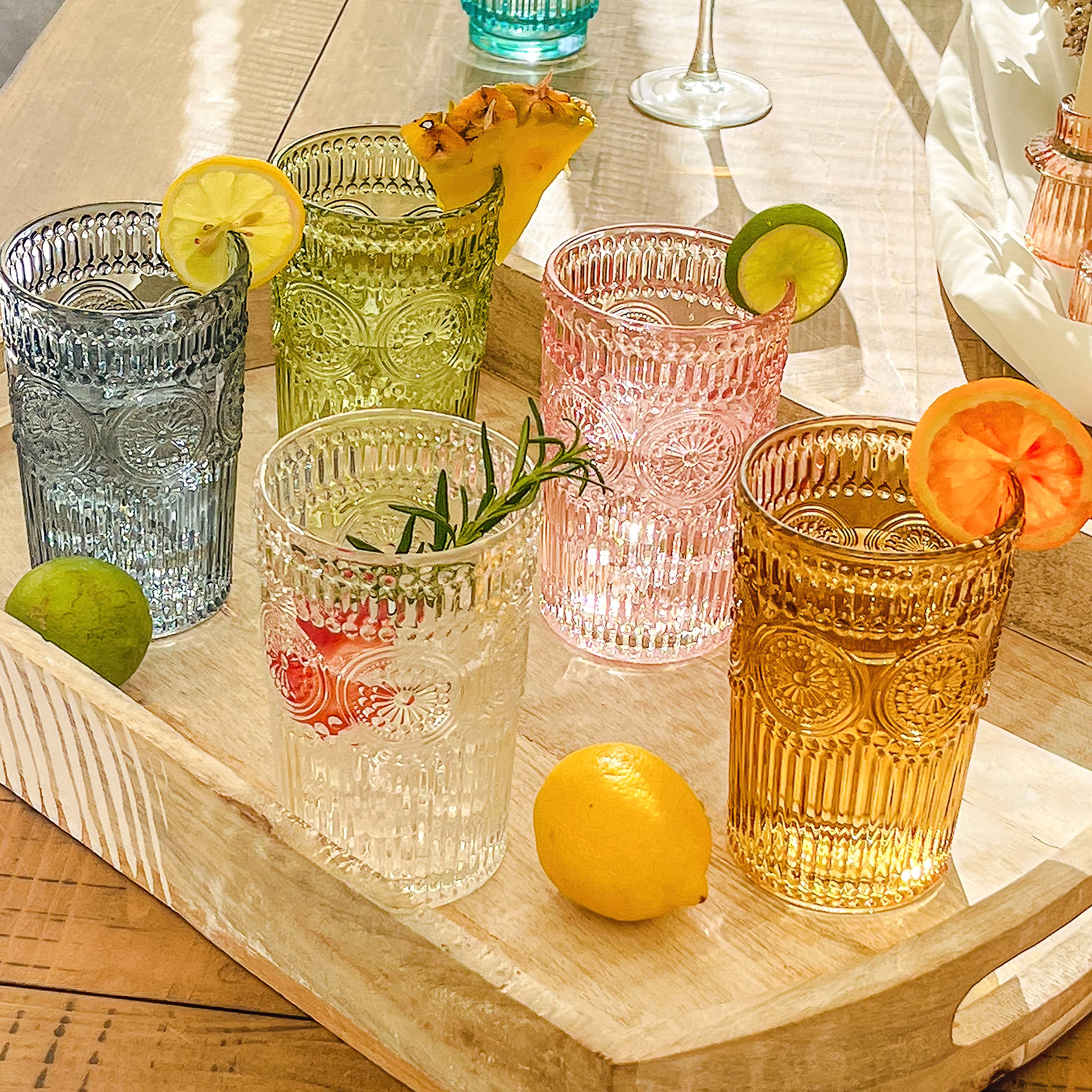 Vintage Textured Sage Green Striped Drinking Glasses Set of 6-13 oz Ribbed Glassware with Flower Design| Cocktail Set, Juice Glass, Water Tumbler