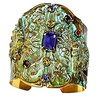 Olive Patina Brass Zinnia Flowers Wide Cuff - Authentic Glass Crystals