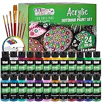 U.S. Art Supply Professional 24 Color Set of Outdoor Acrylic Paint in 2 Ounce Bottles, Plus a 7-Piece Brush Kit - Vivid Colors for Artists, Students - Use on Canvas, Rocks, Kids' Wood Crafts, and Toys