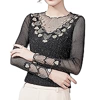 Women's Mesh Tops Long Sleeve Lace Plus Size Hollow Out Embroidered Floral Rhinestone Blouses Chiffon Shirts