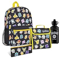 Pokemon Kids Backpack 4 Piece Set School Supplies Rucksack Insulated Lunch Box Kids Pencil Case BPA Free 500ml Water Bottle Pikachu Back to School Gifts for Boys (Black/Multi)