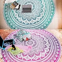 Folkulture Round Mandala Tapestry or Beach Blanket, Set of 2 Hippie Boho Mandala Tapestry, Indian Circle Tablecloth or Rug, Large Cotton Bohemian Yoga Mat for Meditation - 72 Inches, Green and Pink