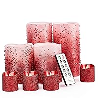 Red Glitter Real Wax LED Candles with Remote and Timer, 4 Pillars and 4 Votives Pack of 8, Flameless Flickering Candles for Home Décor, Battery Included