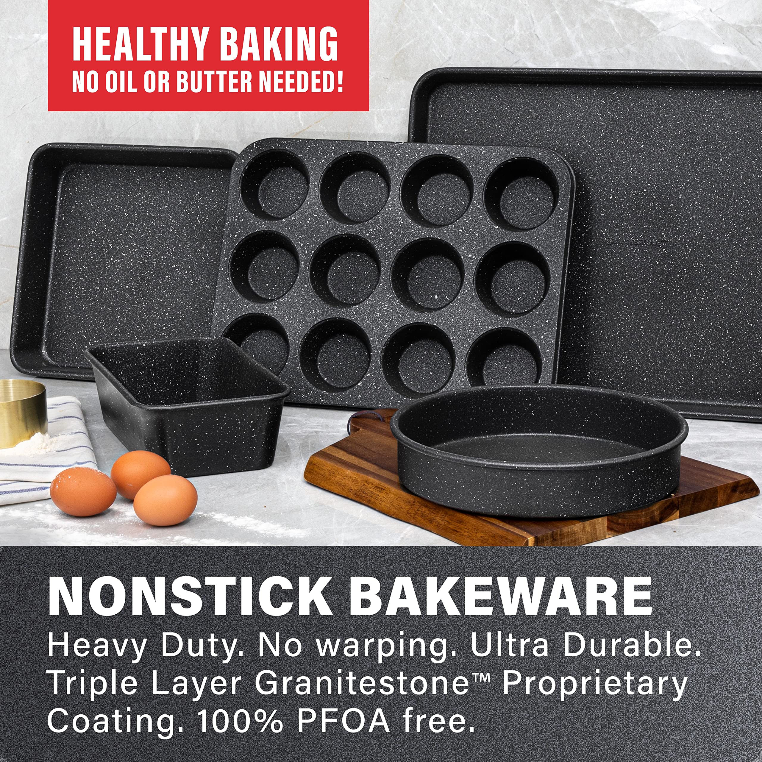 Granitestone Black Nonstick Bakeware Set, 5 Piece Baking Pans Set, Dishwasher Safe Baking Set, No Warp & Even Heating Oven Pan Set with Square & Round Baking Pan Muffin Pan, Loaf Pan & Baking Sheet