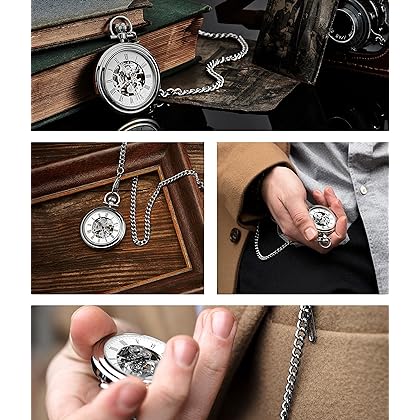 Stuhrling Original Men's Pocket Watch Stainless Steel Analog Skeleton Watch Hand Wind Mechanical Movement Stainless Steel Chain