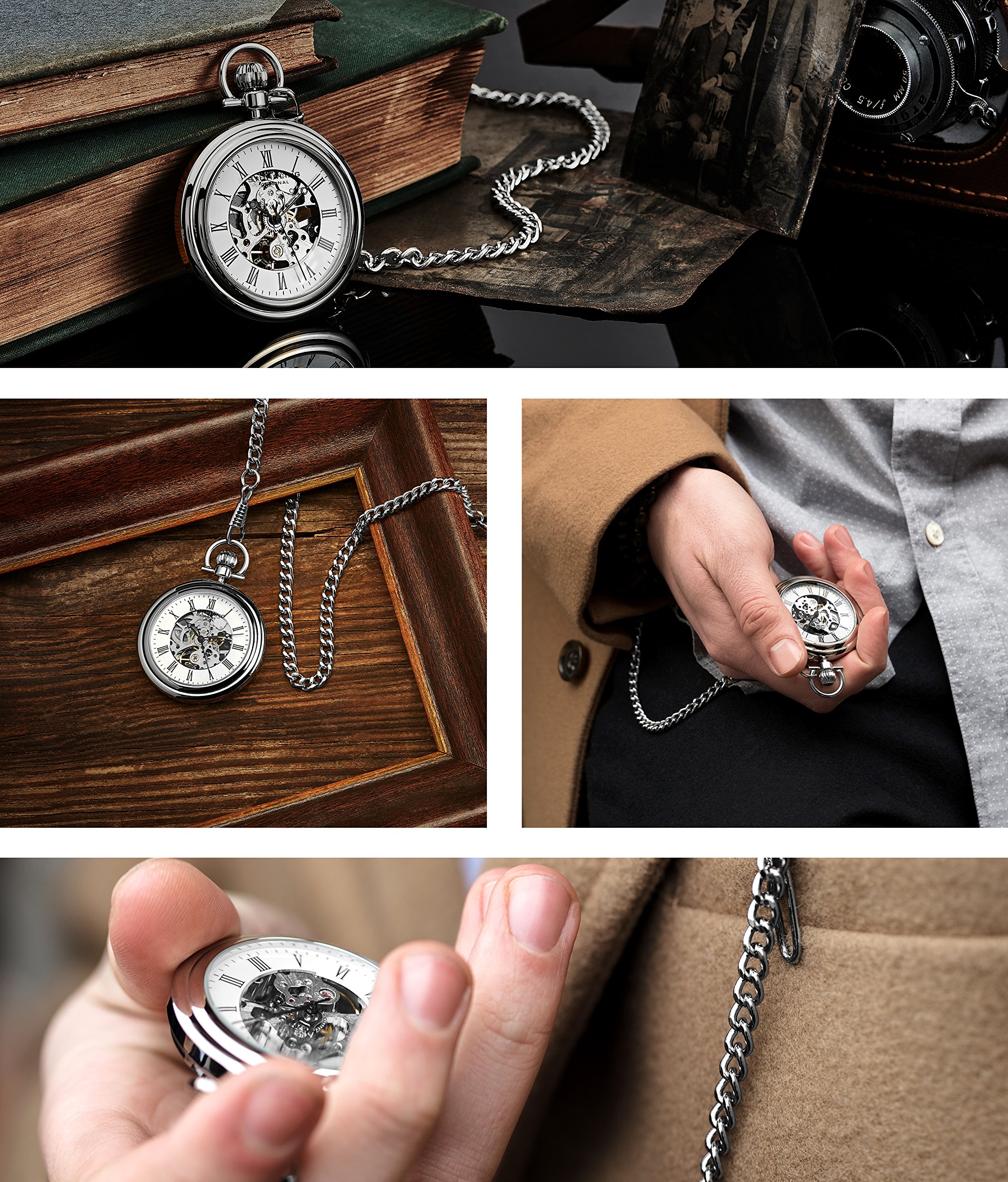 Stuhrling Original Men's Pocket Watch Stainless Steel Analog Skeleton Watch Hand Wind Mechanical Movement Stainless Steel Chain