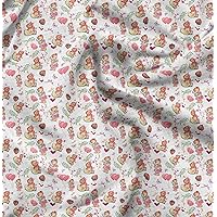 Soimoi Cotton Poplin White Fabric - by The Yard - 56 Inch Wide - Leaves, Balloon & Teddy Bear Cartoon Kids Fabric - Playful and Cute Patterns for Kids' Creations Printed Fabric
