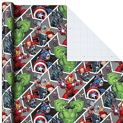 Hallmark Avengers Wrapping Paper with Cut Lines on the Reverse (3-Pack: 60 sq. ft. ttl) with Captain America, Iron Man, Black Widow, Thor and Hulk for Birthdays, Christmas, Father's Day and More