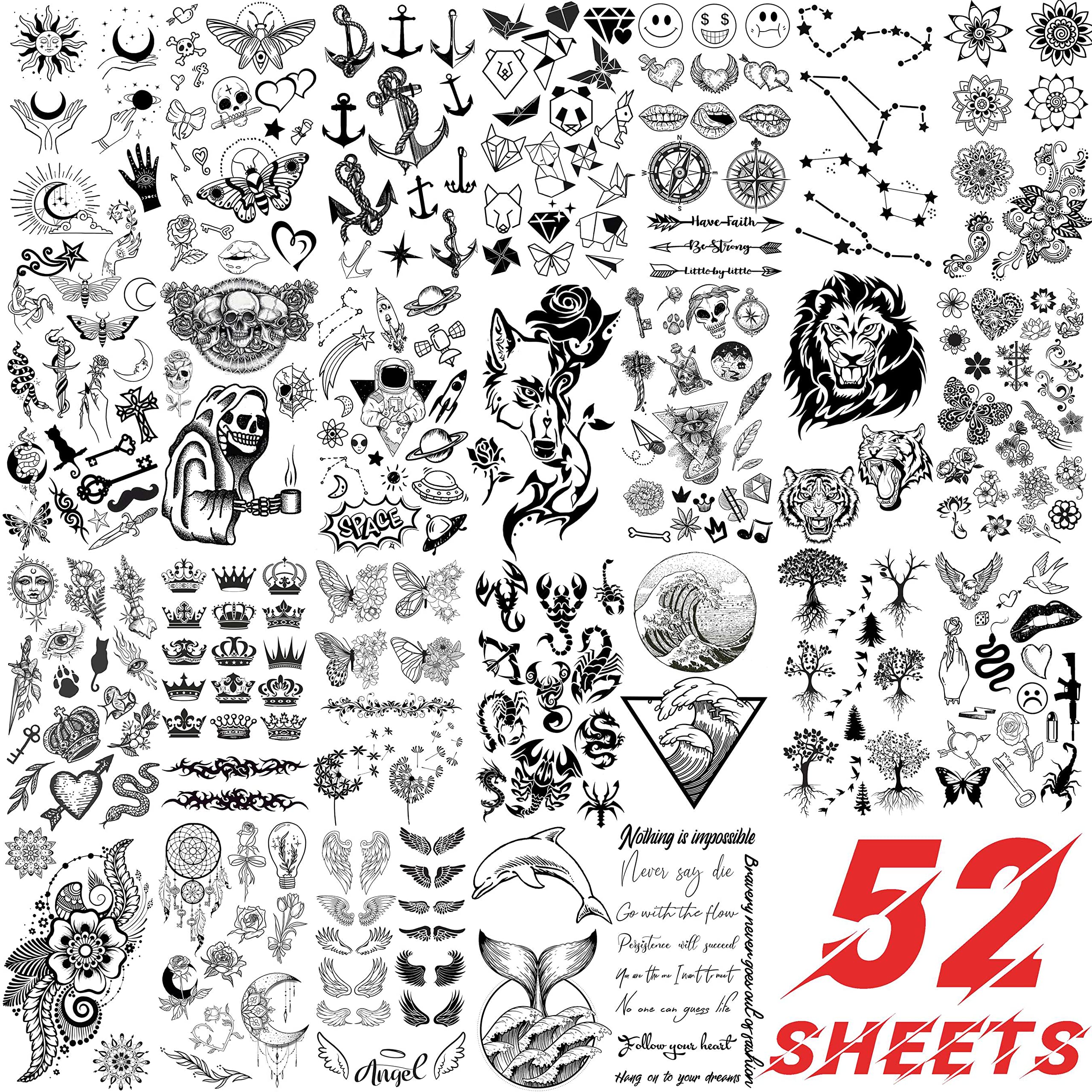 EGMBGM 52 Sheets Tiny Small Temporary Tattoos For Kids Boys Girls, Tribal Animals Butterfly Anchor Compass Tattoo Stickers For Men Women, 3D Cute Flower Fake Face Tatoo Kits Sets For Neck Arm Hands