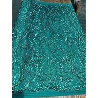Lorelei Teal Swirls Sequins on Mesh Lace Fabric by The Yard - 10133