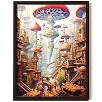EXCOOL CLUB Fairy Tale Mushroom Decor Aesthetic Pictures - 12x16 Trippy Mushroom Poster, Psychedelic Room Decor, Magic Hippie Wall Art Fantasy Mushrooms City Prints for Bedroom (UNFRAMED)