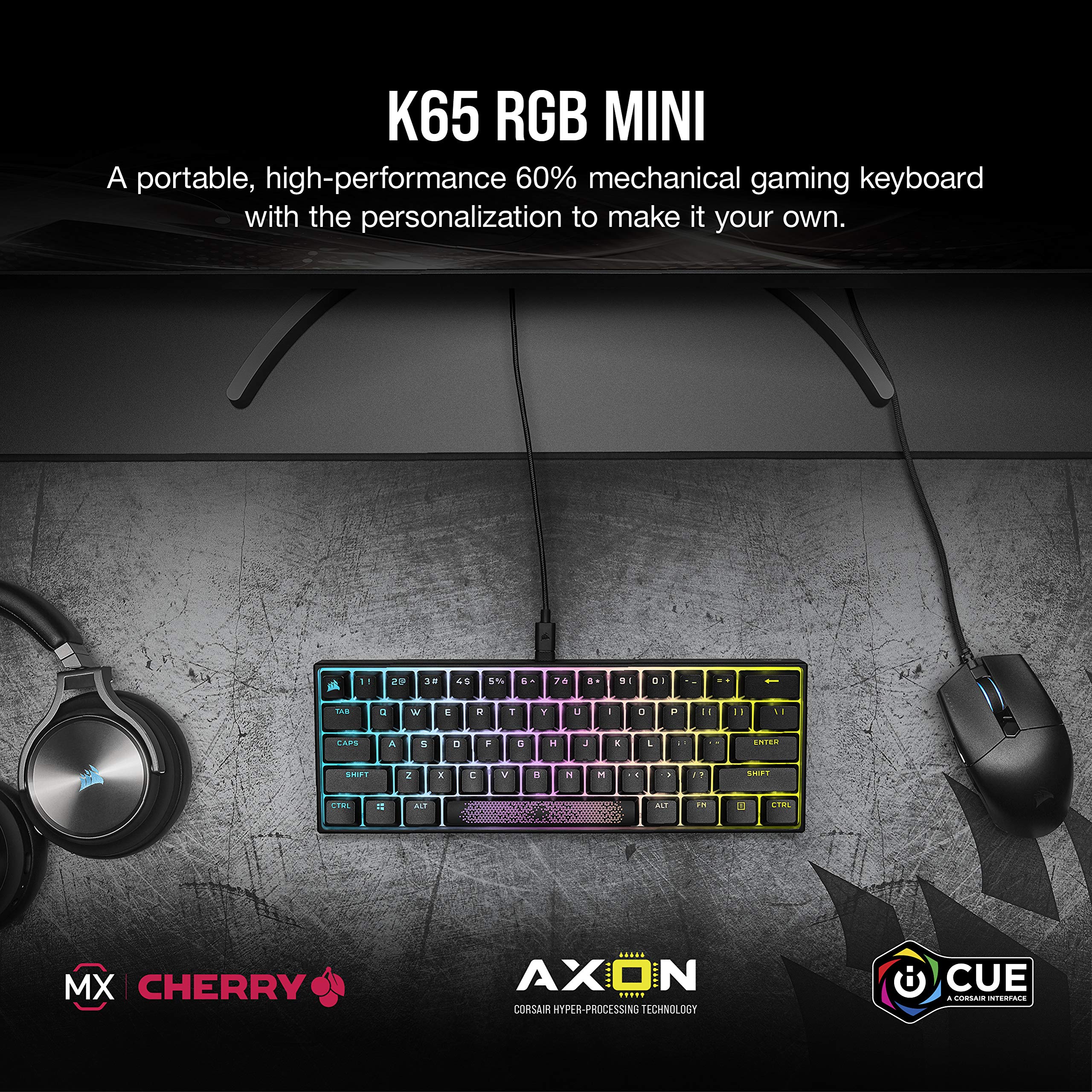 CORSAIR K65 RGB MINI 60% Mechanical Wired Gaming Keyboard – CHERRY MX RED Linear Switches – PBT Double-Shot Keycaps – iCUE Compatible – QWERTY UK – PC, Mac, Xbox – Black