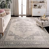 SAFAVIEH Brentwood Collection Area Rug - 9' Square, Cream & Grey, Medallion Distressed Design, Non-Shedding & Easy Care, Ideal for High Traffic Areas in Living Room, Bedroom (BNT865B)