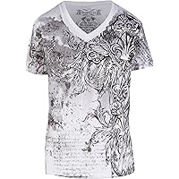 Sakkas Vines and Fleur De Lis Metallic Silver Embossed V-Neck Mens T-Shirt