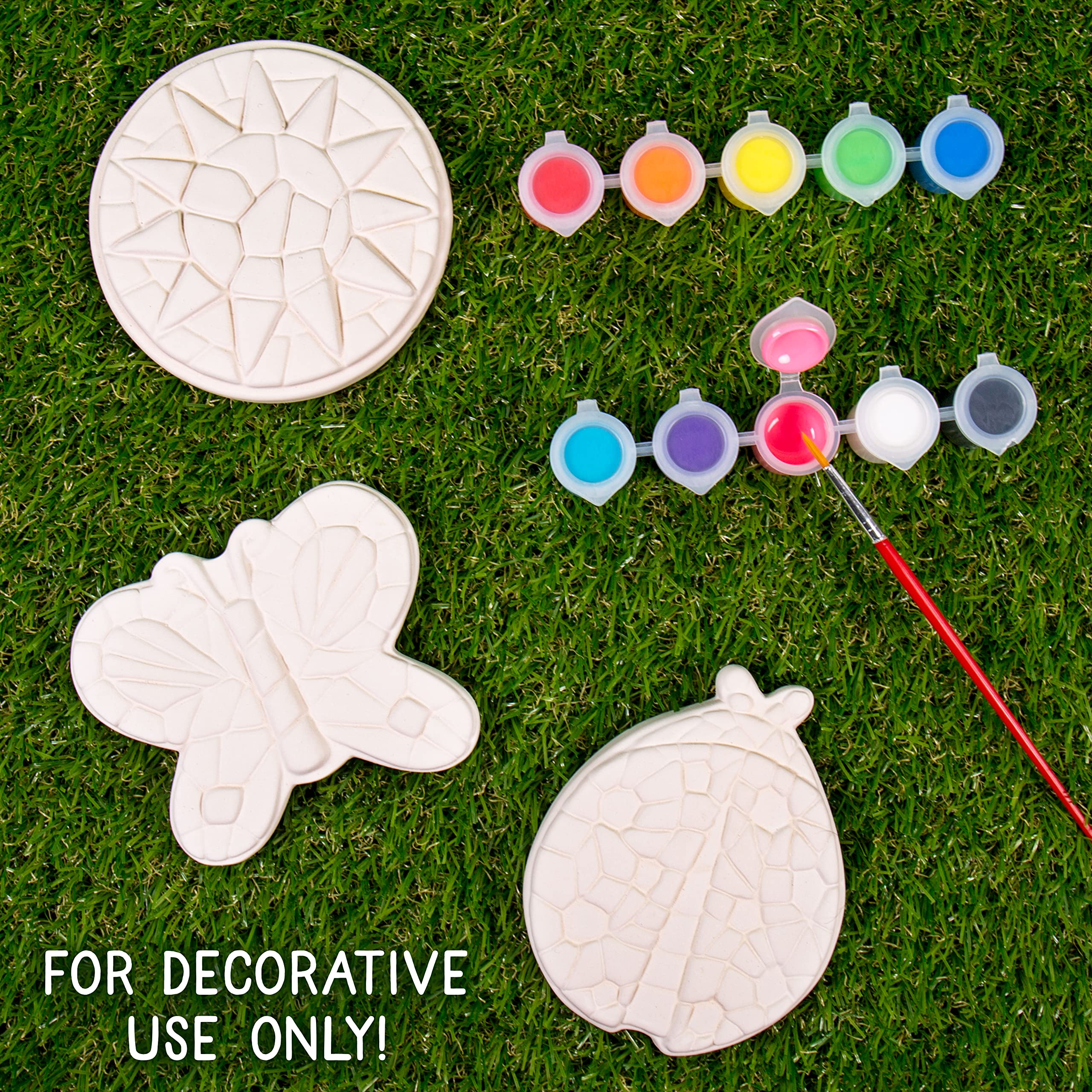 Creative Roots Mosaic Butterfly, Ladybug, & Sun Stepping Stone, Includes 3-Pack 4.5-Inch Ceramic Stepping Stone & 6 Vibrant Paints, Paint Your Own Stepping Stone, DIY Stepping Stone for Kids Ages 8+
