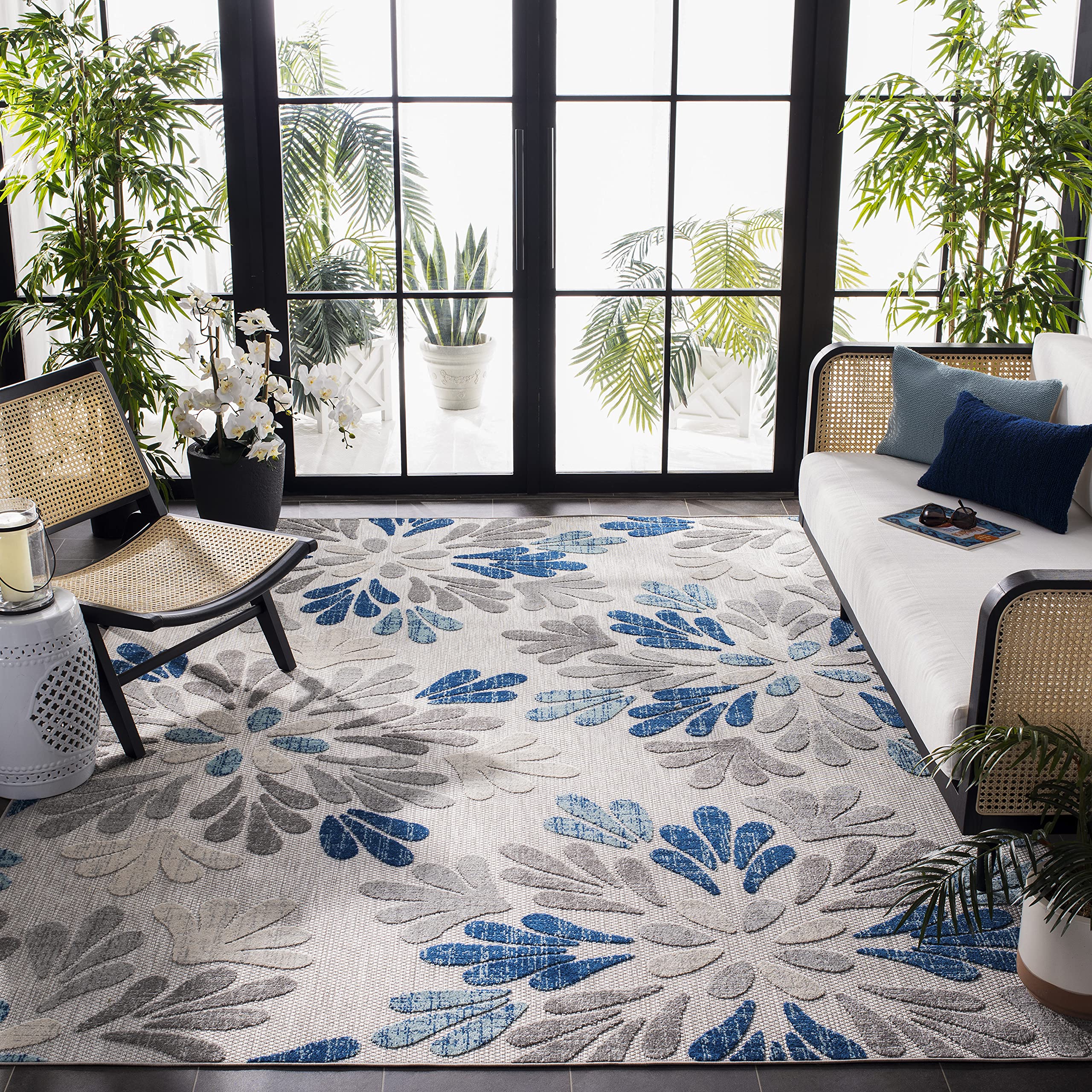 SAFAVIEH Cabana Collection Area Rug - 9' x 12', Grey & Blue, Floral Design, Non-Shedding & Easy Care, Indoor/Outdoor & Washable-Ideal for Patio, Backyard, Mudroom (CBN800F)
